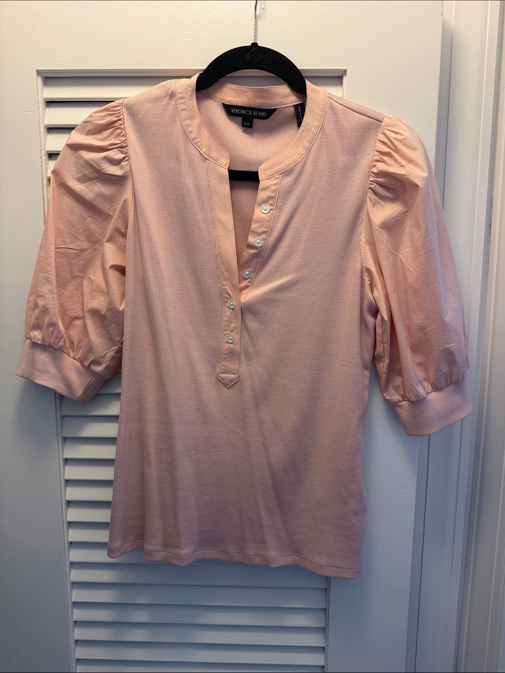 Veronica Beard Blush Pink Puff-Sleeve Henley Top